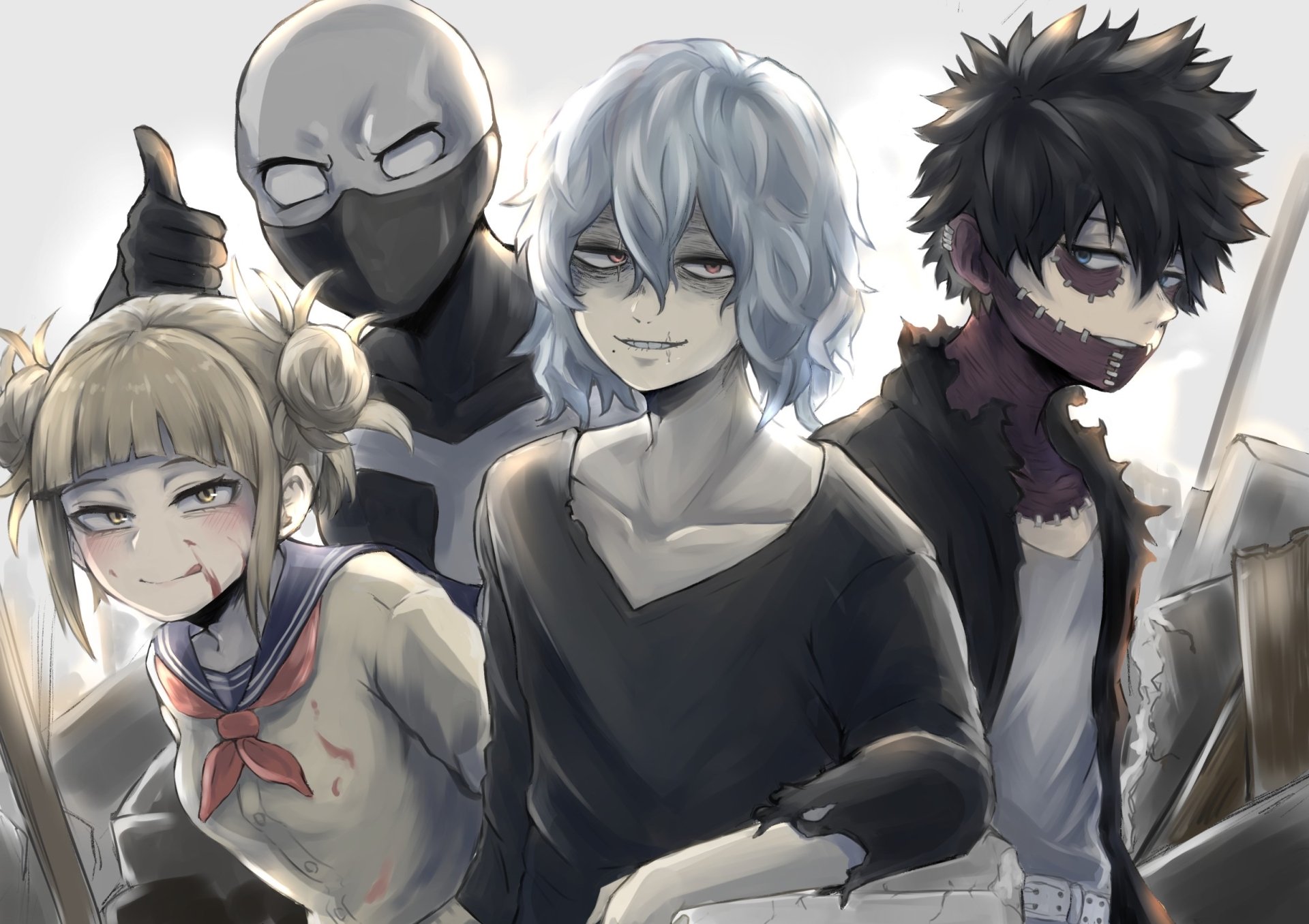 HD PC desktop wallpaper featuring Himiko Toga, Dabi, and Tomura Shigaraki from the anime My Hero Academia, showcasing the characters in a dramatic, detailed style.