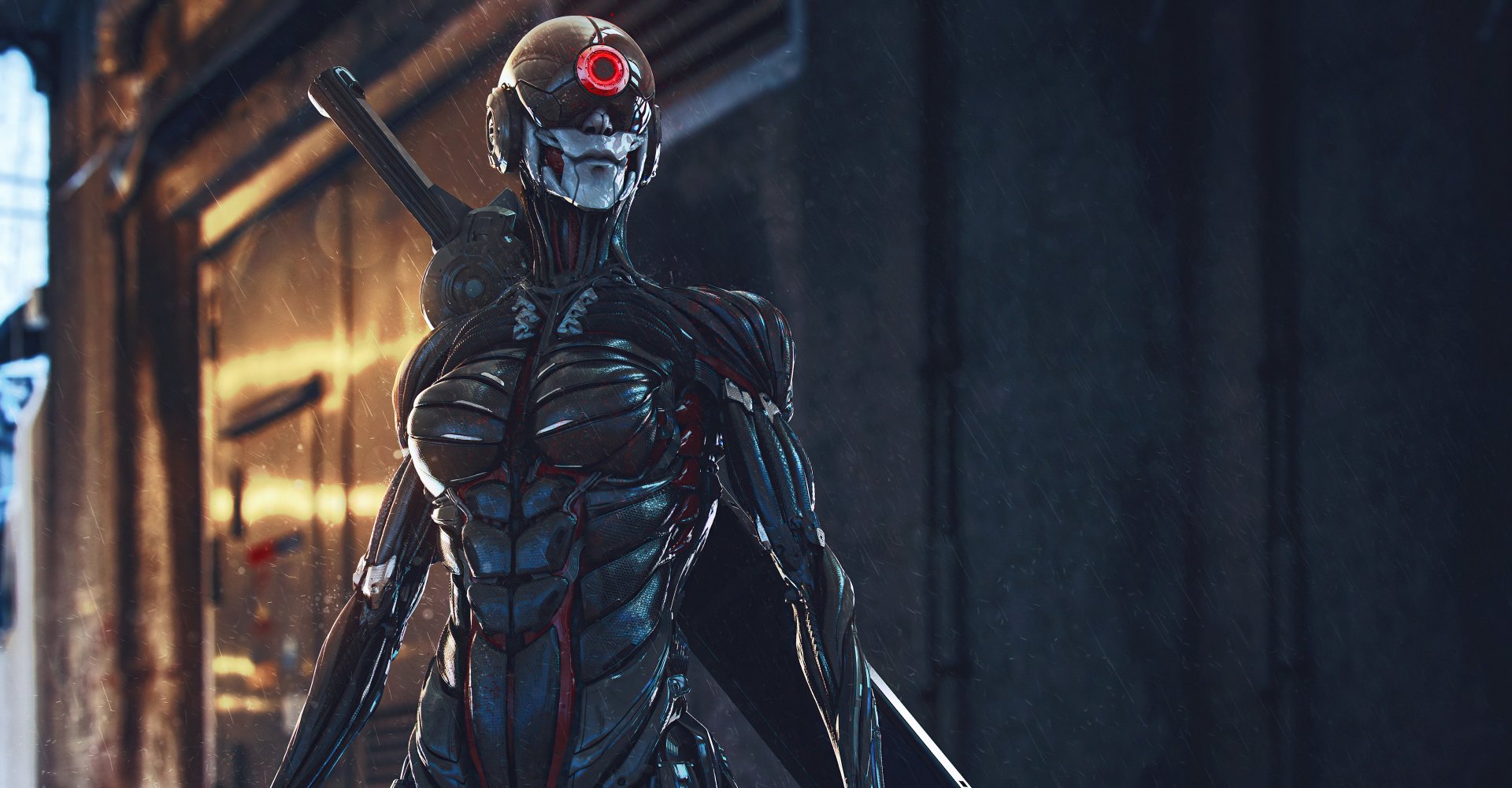 Cyberpunk sci-fi warrior with a glowing red cybernetic eye stands in a dark futuristic urban setting, rendered in 4K Ultra HD for PC desktop wallpaper.