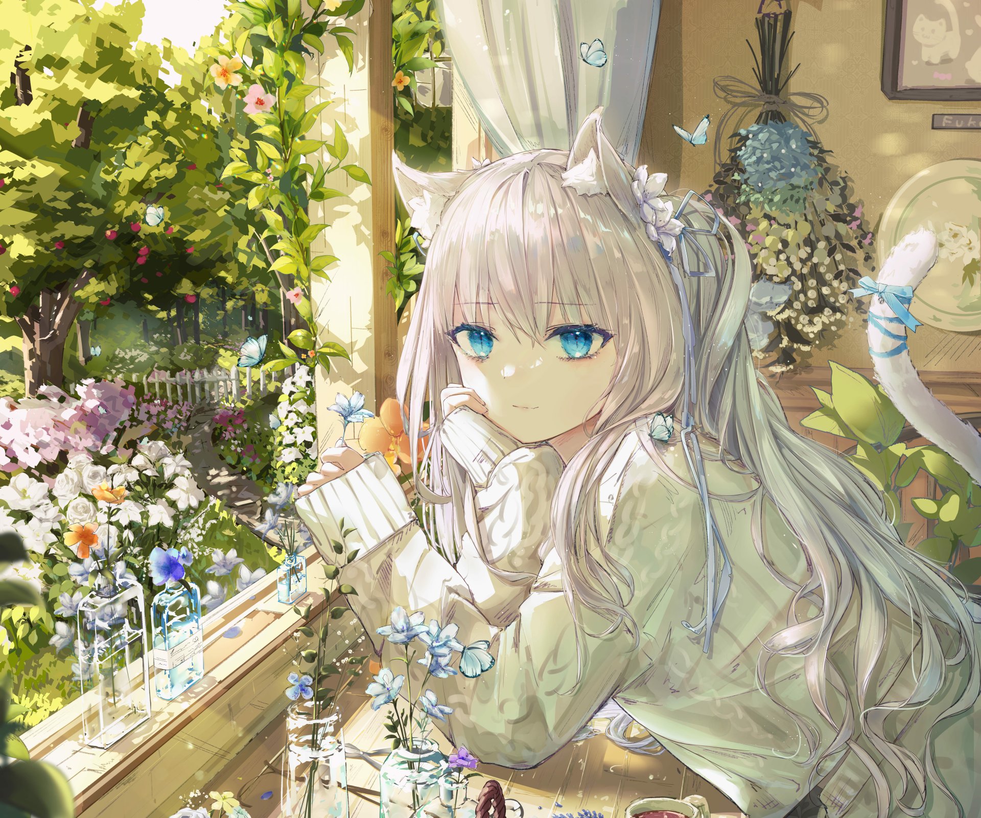 A detailed 4K Ultra HD anime wallpaper featuring a white-haired anime girl with blue eyes and cat ears, surrounded by lush flowers and greenery in a bright indoor setting.