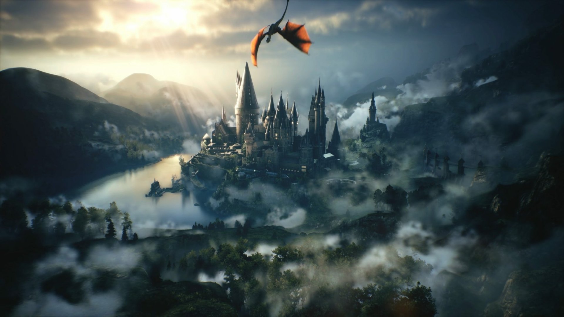 HD PC desktop wallpaper showcasing a dramatic scene from the video game Hogwarts Legacy, featuring a dragon flying over the Hogwarts castle amidst misty mountains.