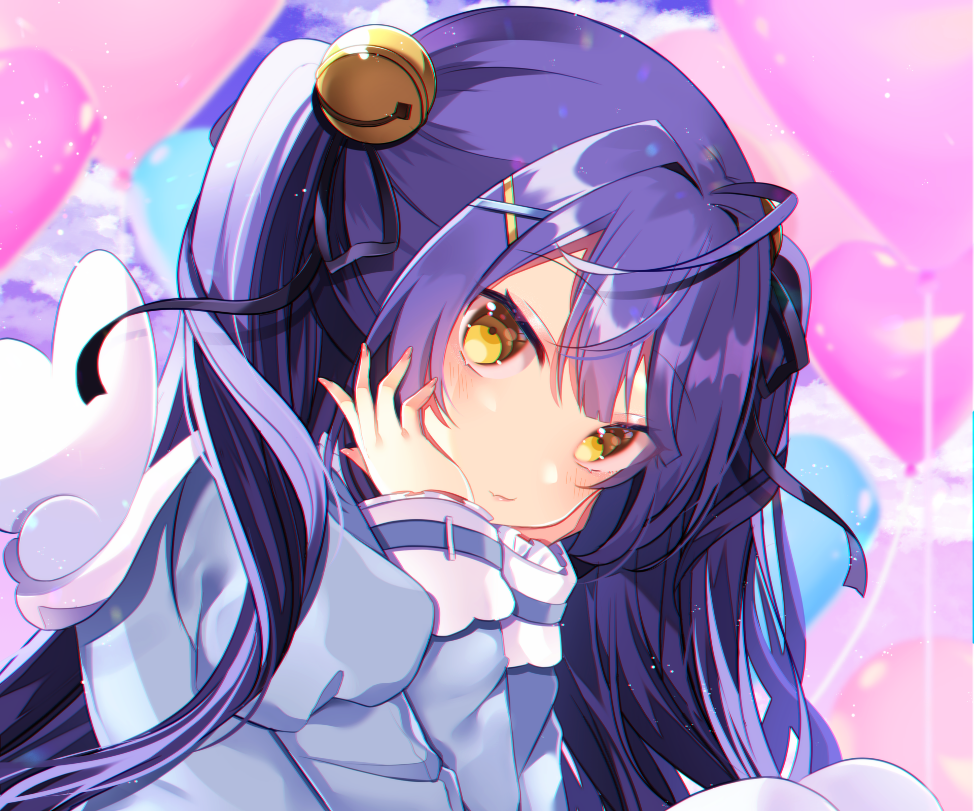 Nijisanji Amamiya Kokoro, anime virtual YouTuber: purple-haired, golden-eyed girl in a frilly outfit with pink balloons — 2K Quad HD PC desktop wallpaper background.