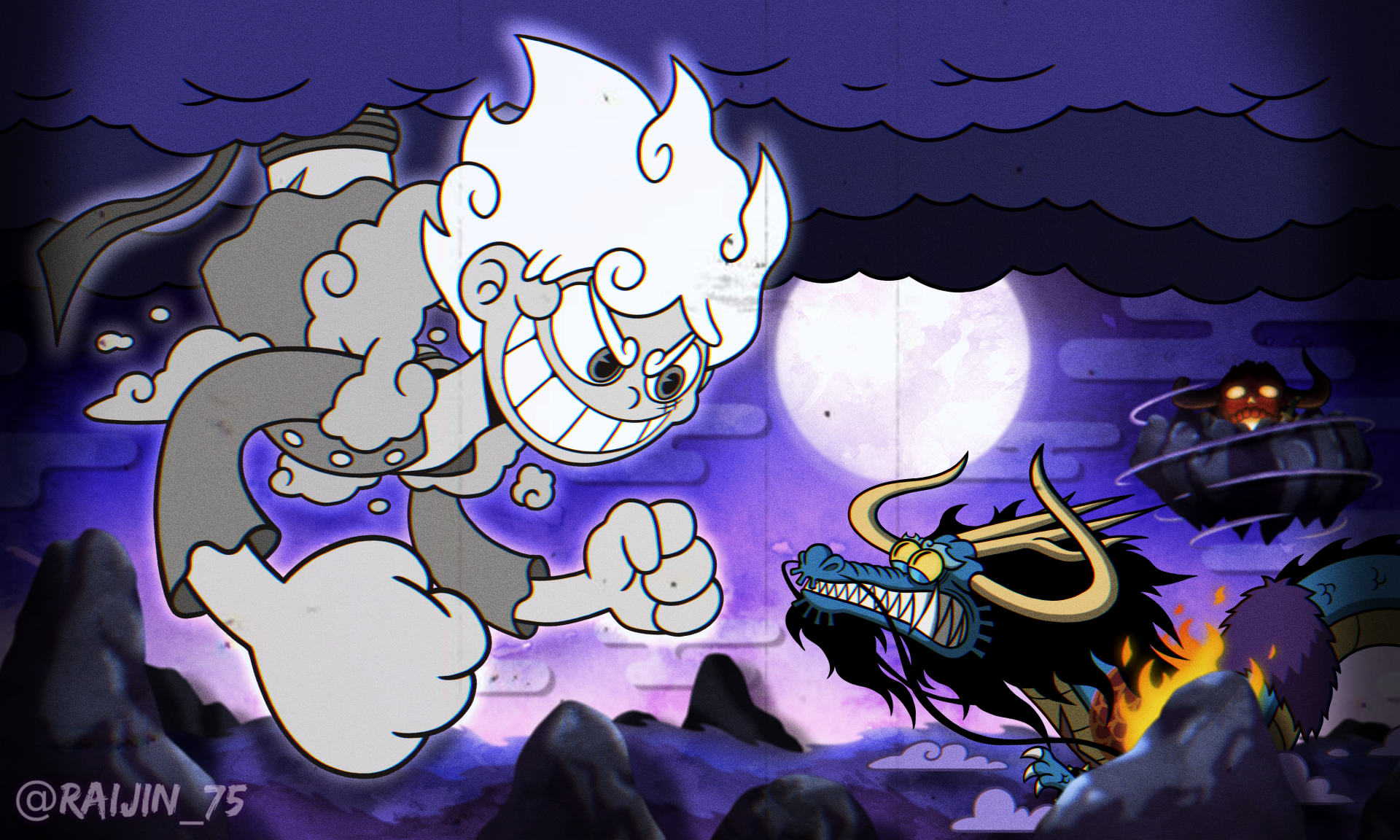 An HD wallpaper features Monkey D. Luffy in Gear 5, facing off against Kaido amidst a dramatic night sky, embodying the epic battles from the One Piece anime series.