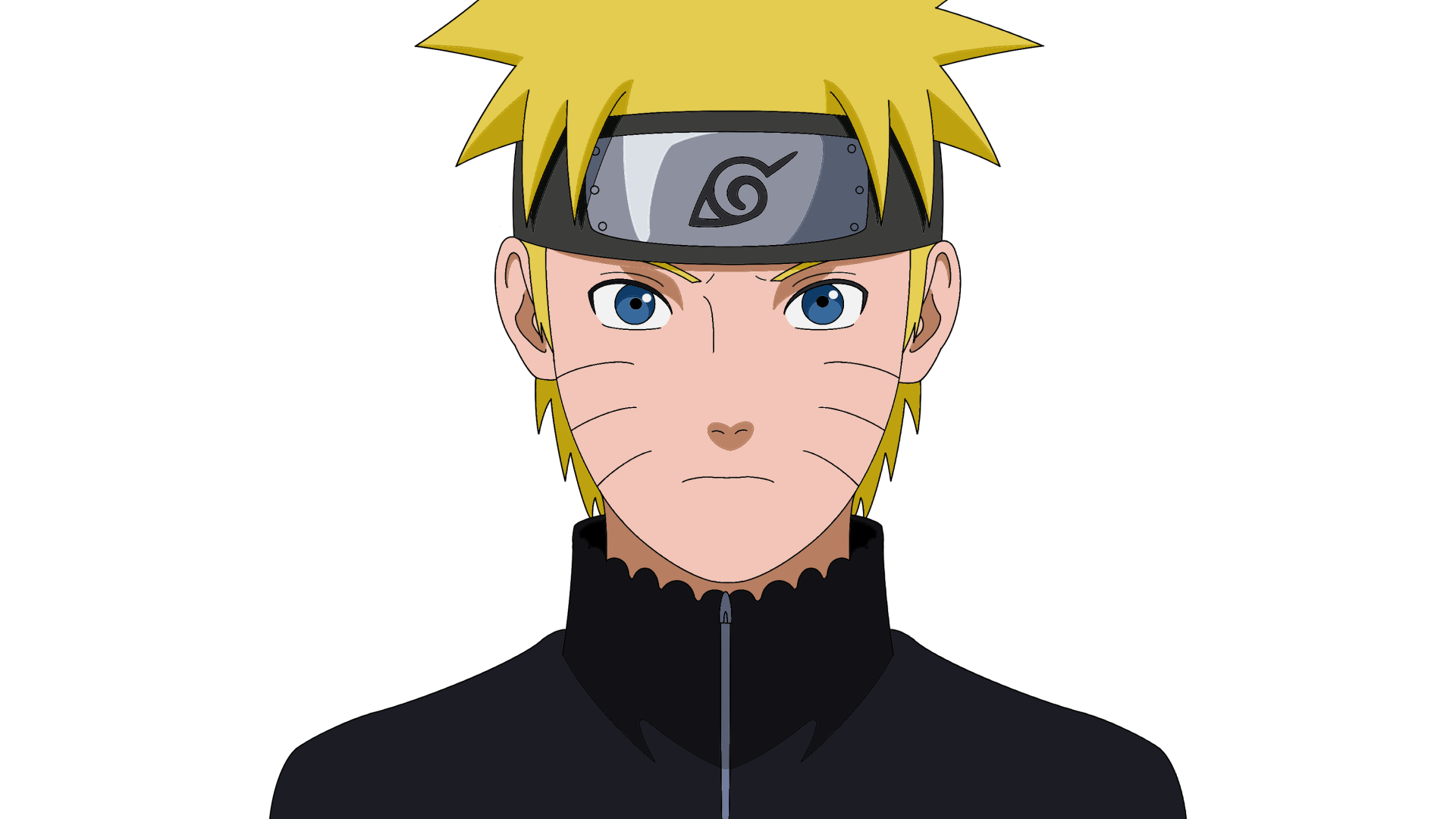 Anime portrait of Naruto Uzumaki wearing his Konoha headband against a black background — 2K Quad HD PC desktop wallpaper/background.
