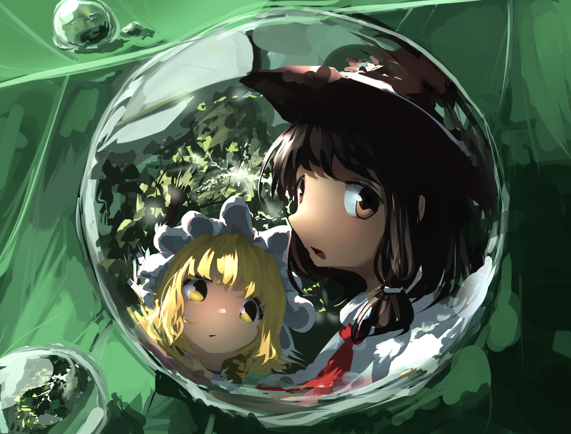 HD PC desktop wallpaper: Touhou anime depiction of Renko Usami and Maribel Hearn, their faces reflected in a glossy green bubble against a lush, painterly background.