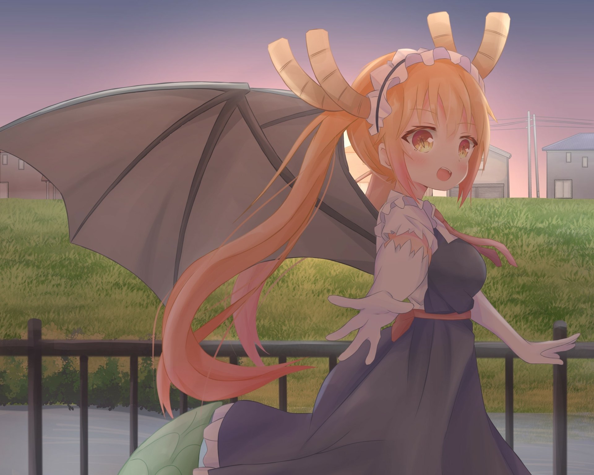 2K Quad HD PC desktop wallpaper of Tohru from Miss Kobayashi's Dragon Maid — anime maid with horns and wings standing by a riverside at sunset.