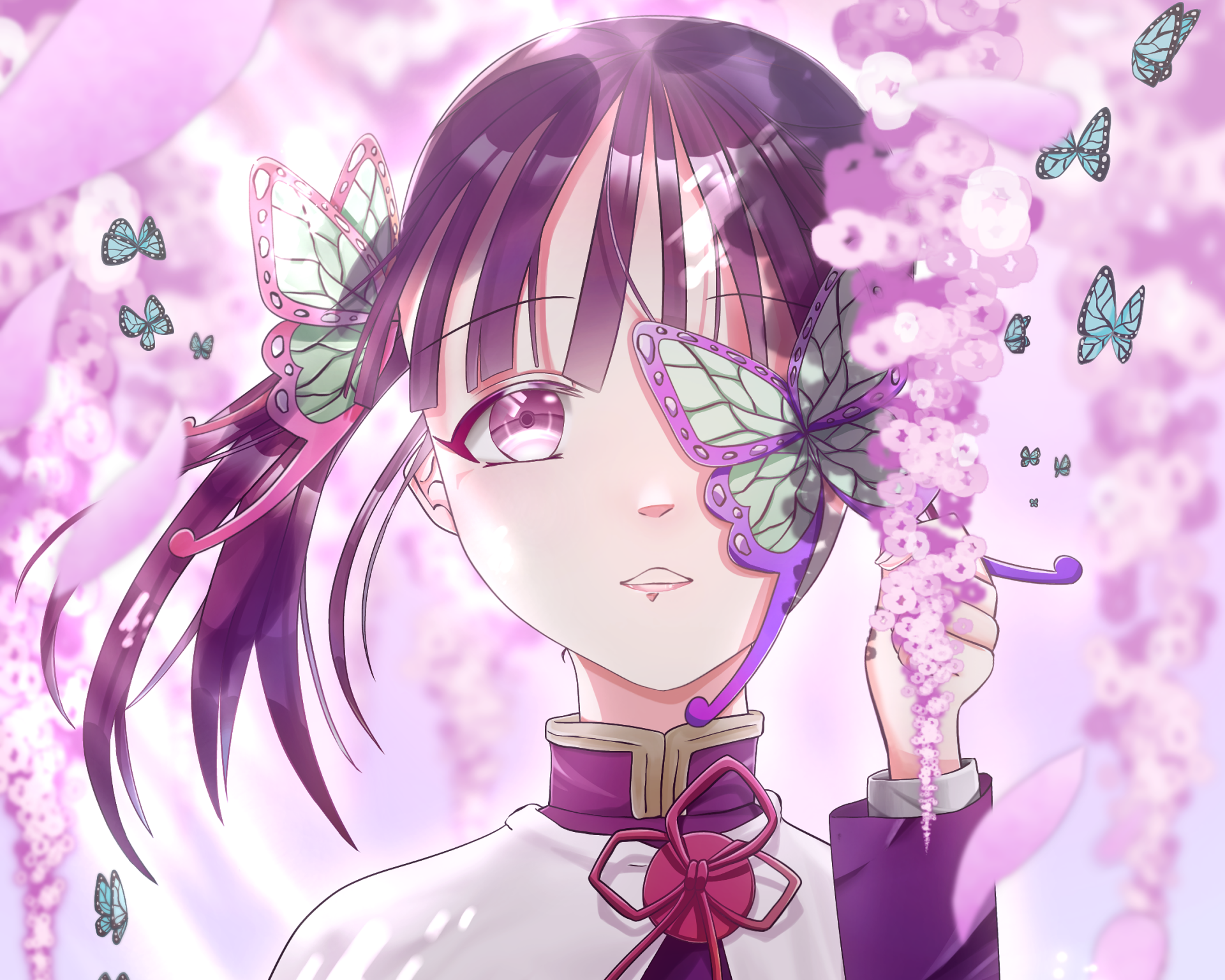 HD PC desktop wallpaper featuring Kanao Tsuyuri from the anime Demon Slayer: Kimetsu no Yaiba, surrounded by pink blossoms and butterflies with a soft pastel palette.
