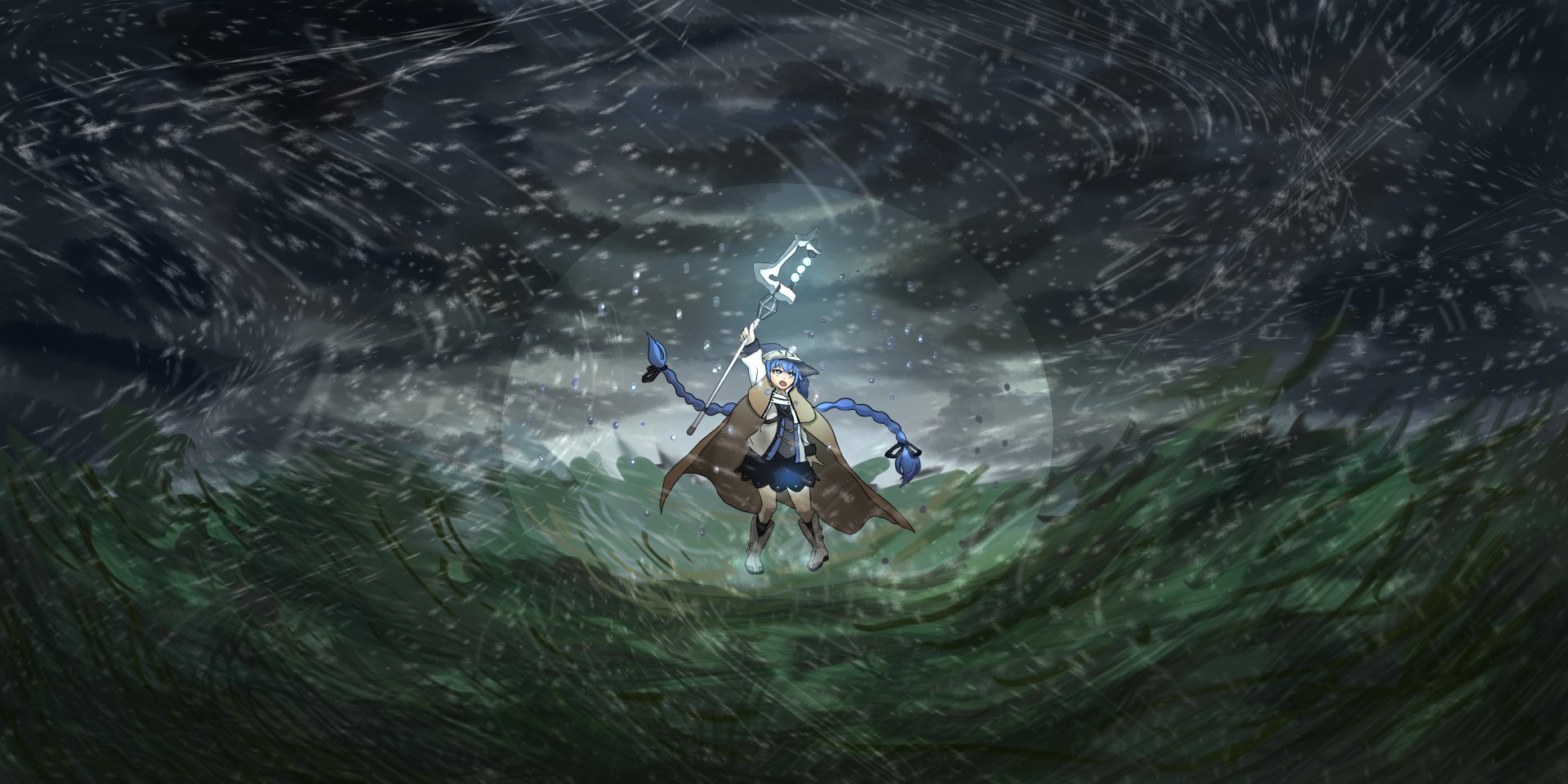 HD PC desktop wallpaper featuring Roxy Migurdia from the anime Mushoku Tensei: Jobless Reincarnation casting a powerful spell amid swirling winds and stormy skies.