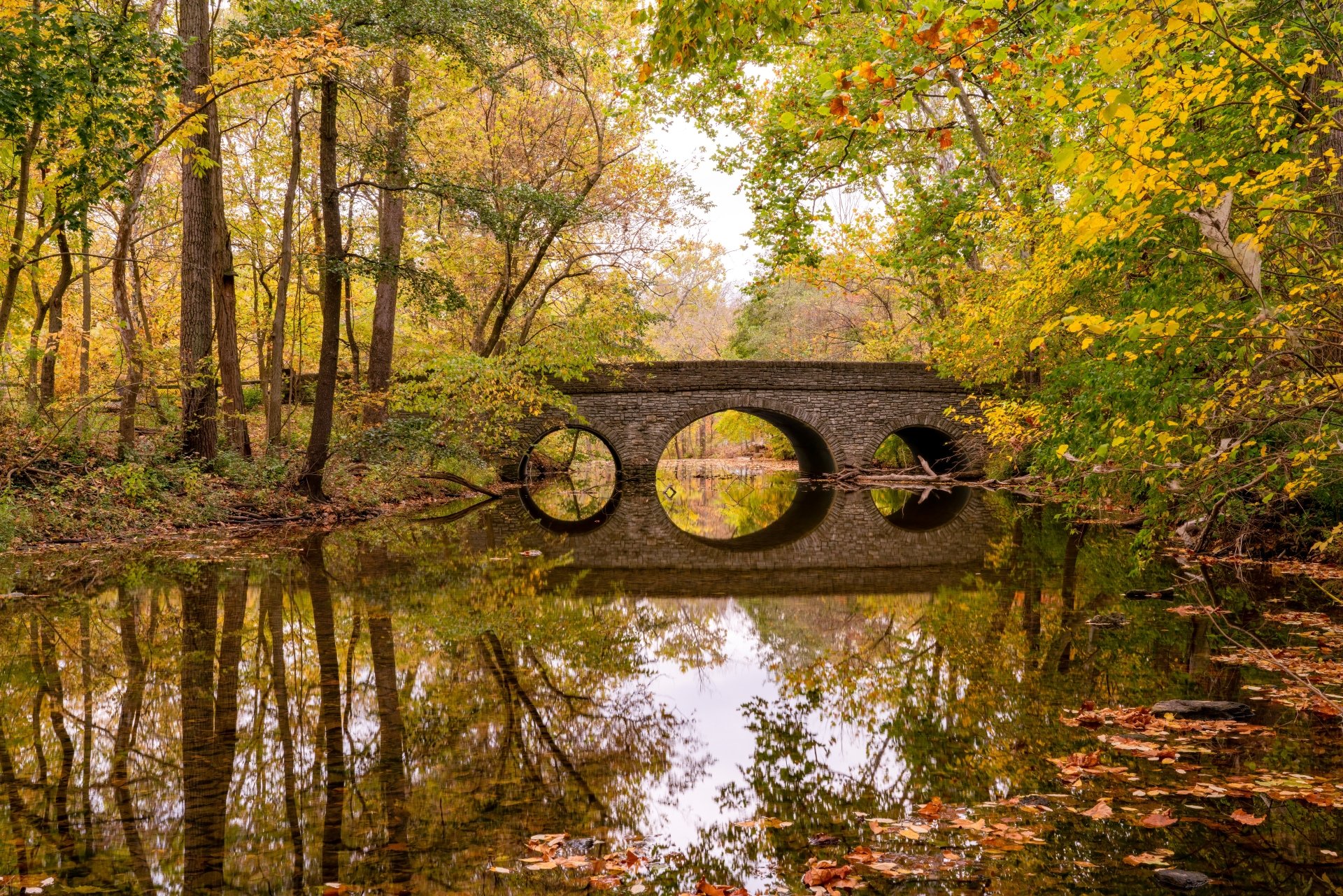 An 8K Ultra HD wallpaper capturing a serene man-made stone bridge with three arches, reflected perfectly in still water surrounded by autumn trees.