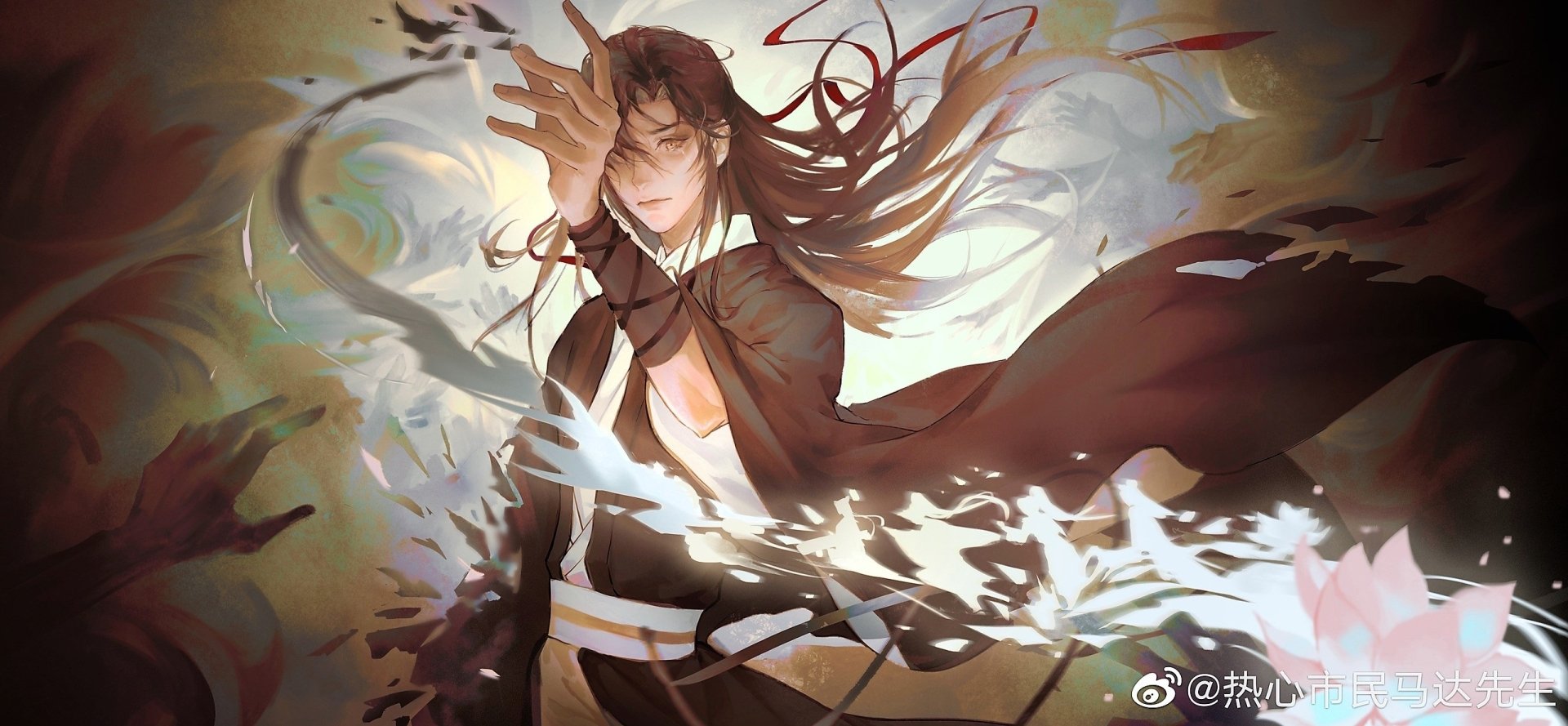 HD anime desktop wallpaper featuring Wei Wuxian from Mo Dao Zu Shi, depicted with flowing dark hair and dynamic energy effects.