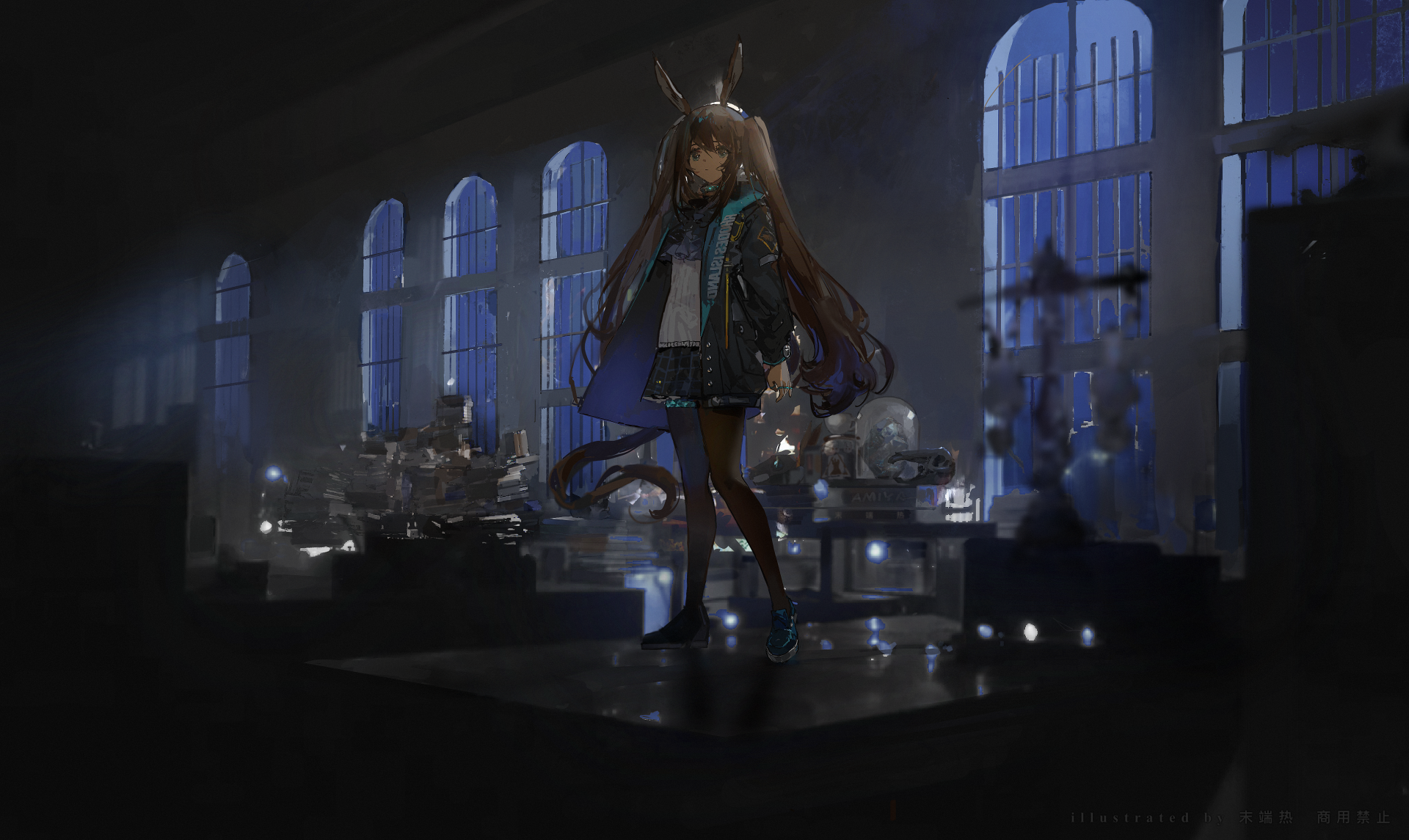 Amiya (Arknights) stands in a dim, moonlit hall among glowing devices — high-detail 4K Ultra HD PC desktop wallpaper from the Arknights video game.