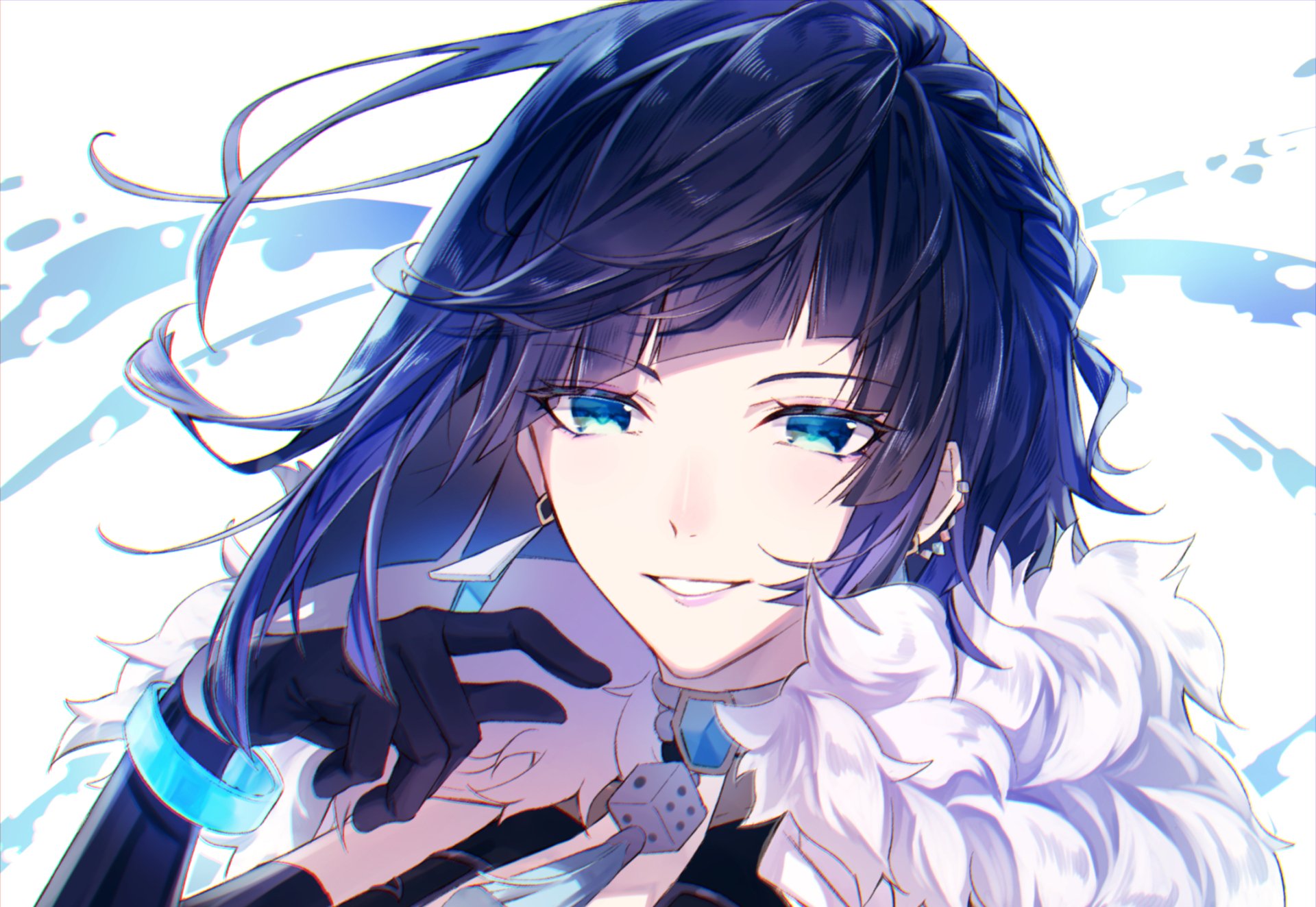 HD PC desktop wallpaper featuring Yelan, a character from the video game Genshin Impact, with flowing dark hair and a confident expression.