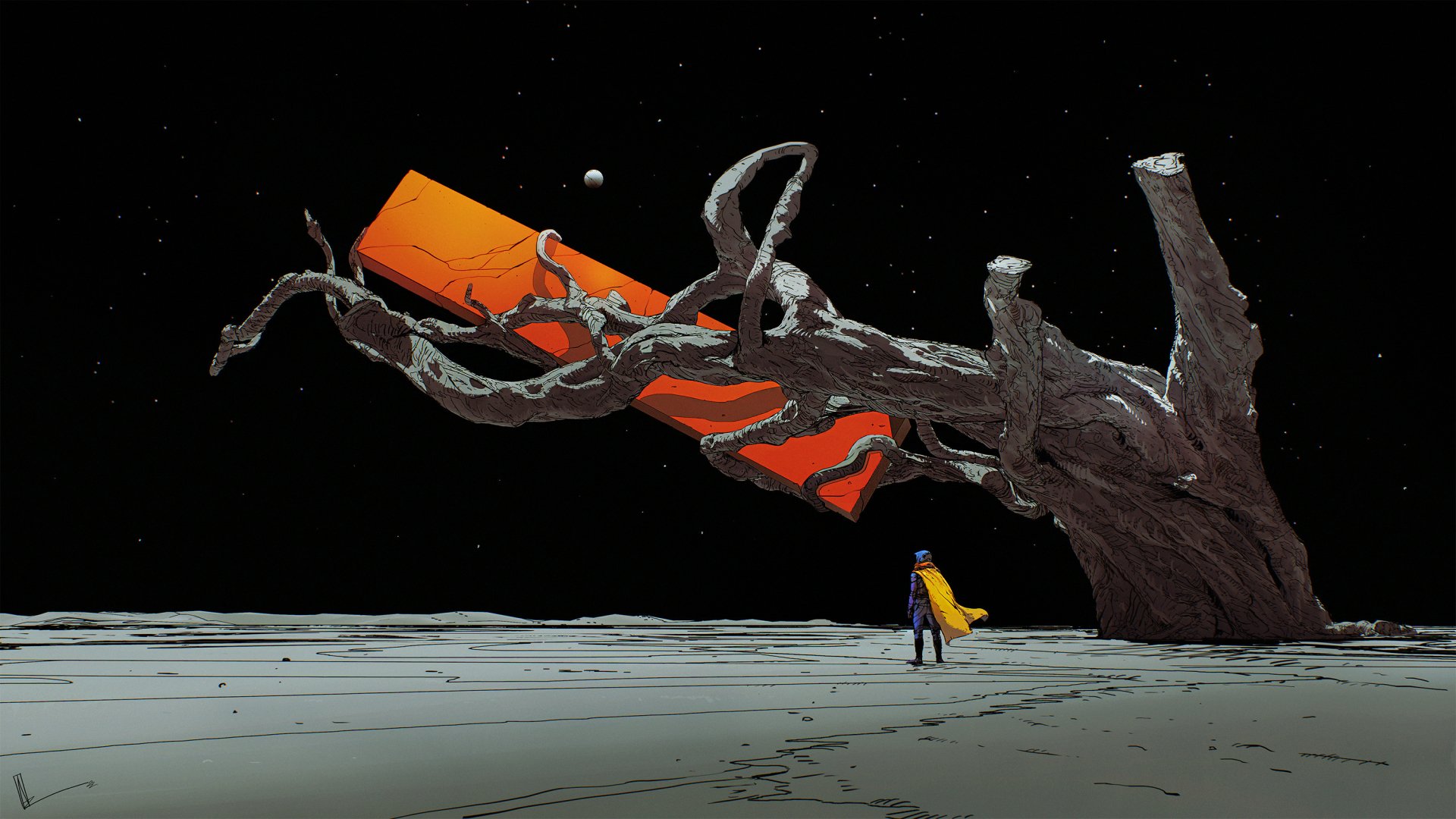 Sci-fi HD desktop wallpaper depicting a person in a cape standing near a twisted tree with vibrant orange geometric shapes, set against a vast space background.