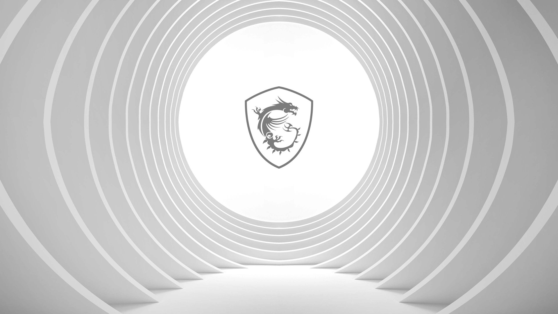 4K Ultra HD PC desktop wallpaper featuring a futuristic, white tunnel design with the MSI dragon shield logo at the center, symbolizing advanced technology.
