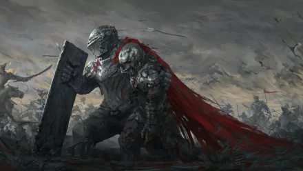 HD fantasy desktop wallpaper depicting a battle-worn knight in dark armor with a red cape, holding a large shield against a stormy, chaotic battlefield backdrop.