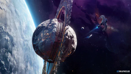 Sci-fi HD PC desktop wallpaper of a colossal ringed space structure orbiting a cracked planet, a lone spacecraft passing nearby against a purple nebula and starfield backdrop.