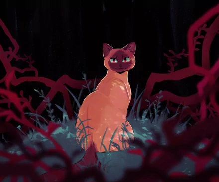 HD PC desktop wallpaper of a stylized orange cat sitting among glowing grass and twisted crimson branches in a Dream SMP–themed video game scene
