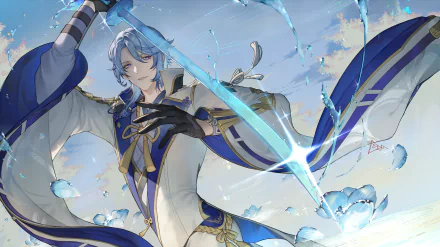 Kamisato Ayato from Genshin Impact wields a glowing blue sword amid swirling water and petals — 2K Quad HD PC desktop wallpaper/background, video game artwork.