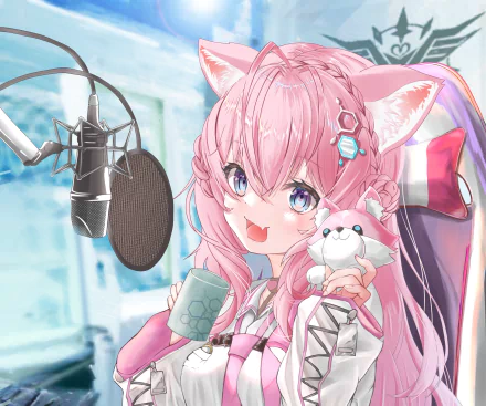 hololive Virtual Youtuber Hakui Koyori (anime) in 2K Quad HD PC desktop wallpaper: pink-haired, cat-eared streamer smiling into a microphone, holding a plush.