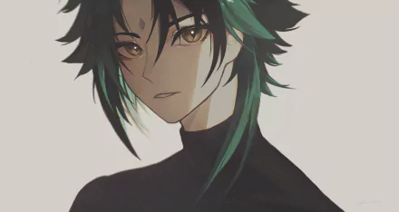 Xiao (Genshin Impact) from the video game — stylized HD PC desktop wallpaper depicting him with green-black hair and intense amber eyes against a neutral backdrop.