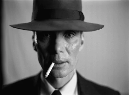 8K Ultra HD movie-style desktop wallpaper: black-and-white close-up of a fedora-clad man smoking, cinematic Oppenheimer-era atmosphere.