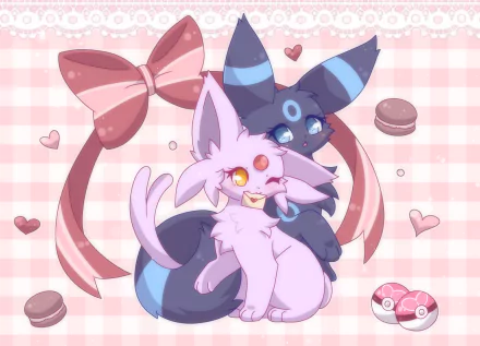 HD anime-style desktop wallpaper featuring Umbreon and Espeon Pokémon cuddling against a pink checkered background with hearts, bows, and Poké Balls.