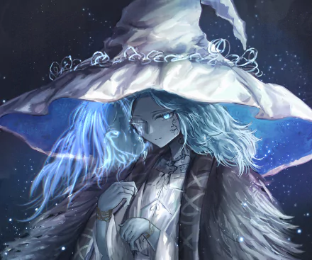 HD PC desktop wallpaper depicting Ranni the Witch from the video game Elden Ring, with ethereal blue tones and a mystical, dark fantasy atmosphere.