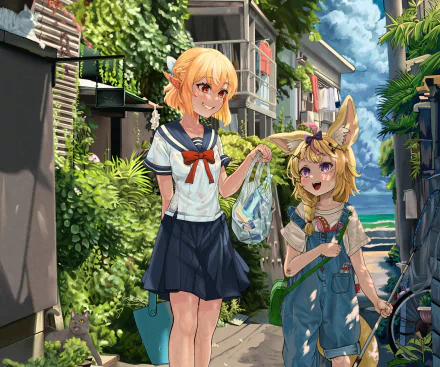 hololive Shiranui Flare Omaru Polka Anime Virtual Youtuber HD Desktop Wallpaper | Background Image