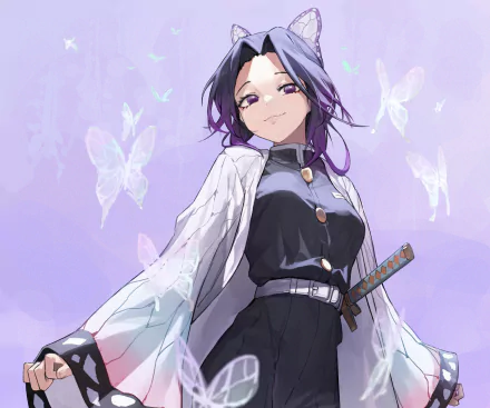 A vibrant HD wallpaper featuring Shinobu Kochou from the anime Demon Slayer: Kimetsu no Yaiba, surrounded by ethereal butterflies and a soft purple background.