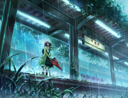 4K Ultra HD PC desktop wallpaper of an anime girl holding a red umbrella on a rain-soaked train station platform, a moody Rain Anime scene.