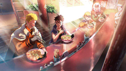Anime Boruto 2K Quad HD PC desktop wallpaper/background: Kawaki (Boruto) and Naruto Uzumaki sharing ramen at a sunlit ramen shop counter.