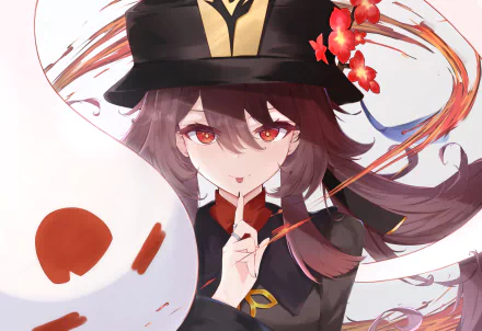 Hu Tao from the video game Genshin Impact depicted in a 2K Quad HD PC desktop wallpaper: playful pose with a ghost mask, red eyes, dark hat and swirling ribbons.