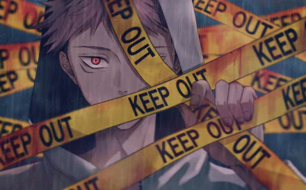 Yuji Itadori from Jujutsu Kaisen stands amidst KEEP OUT tape, exuding intensity. This HD desktop wallpaper captures the essence of the anime's thrilling atmosphere.