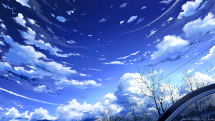 A vibrant 4K Ultra HD anime-style sky filled with swirling clouds above a road bordered by leafless trees, capturing dynamic movement and vivid blue tones.