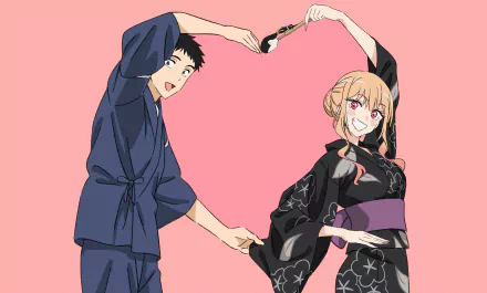 Wakana Gojo and Marin Kitagawa from My Dress-Up Darling form a heart shape with their arms against a soft pink background in this 4K Ultra HD anime desktop wallpaper.