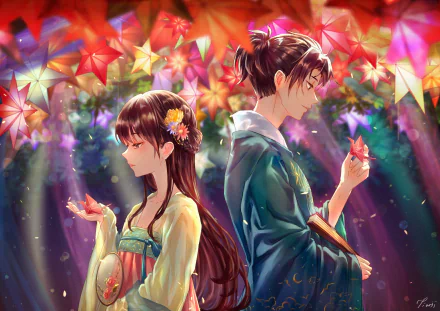2K Quad HD PC desktop wallpaper: anime night — an anime couple back-to-back in traditional robes beneath glowing maple leaves and lanterns, each holding a small, warm light.