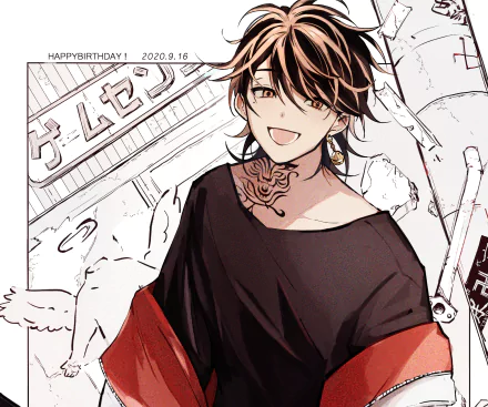 HD PC desktop wallpaper featuring Kazutora Hanemiya from Tokyo Revengers, smiling with a detailed neck tattoo and casual black and red outfit against a monochrome urban background.