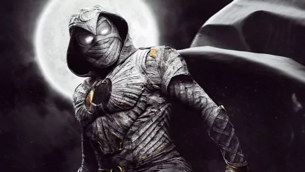 HD PC desktop wallpaper of Moon Knight from the TV show, featuring the character in his iconic suit with a glowing moon in the background.
