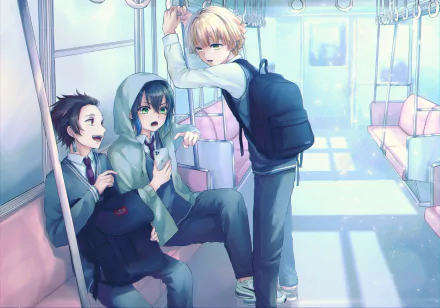 4K Ultra HD anime wallpaper featuring Tanjiro Kamado, Zenitsu Agusma, and Inosuke Hashibira from Demon Slayer: Kimetsu no Yaiba inside a sunlit train.