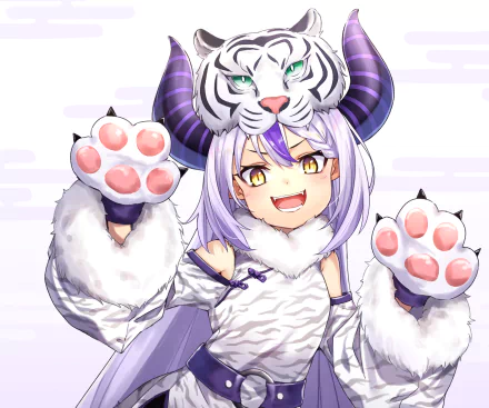 Hololive Virtual YouTuber La+ Darknesss — anime 2K Quad HD PC desktop wallpaper: purple-haired girl in white tiger hood, paw gloves and a playful fang-smile.
