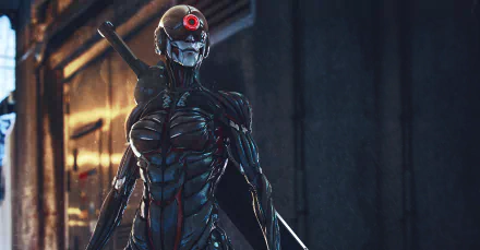 Cyberpunk sci-fi warrior with a glowing red cybernetic eye stands in a dark futuristic urban setting, rendered in 4K Ultra HD for PC desktop wallpaper.