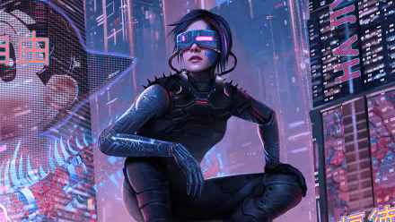 A cyberpunk-themed 4K Ultra HD PC desktop wallpaper featuring a futuristic woman in high-tech gear and VR goggles amid neon-lit sci-fi cityscape.