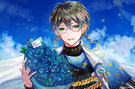 Ike Eveland (Nijisanji) anime-style Virtual YouTuber portrait holding a bouquet of blue roses against a starry blue sky — 4K Ultra HD PC desktop wallpaper/background