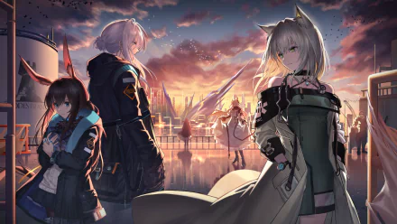 HD PC desktop wallpaper featuring Kal'tsit and Amiya from the video game Arknights, set against a vibrant sunset with a detailed cityscape backdrop.