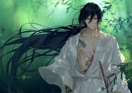HD anime desktop wallpaper featuring Assassin from Fate/Grand Order with long flowing black hair, open white robe, and a serene bamboo forest background.