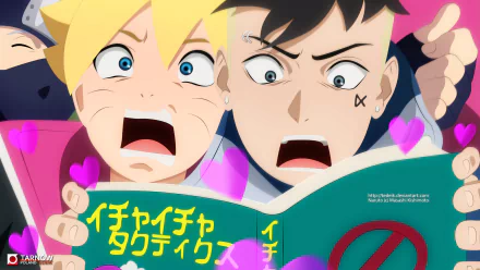 HD PC wallpaper of Boruto Uzumaki and Kawaki in anime style, shocked faces over a colorful book with hearts, Kakashi Hatake visible in the background.