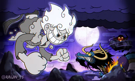 An HD wallpaper features Monkey D. Luffy in Gear 5, facing off against Kaido amidst a dramatic night sky, embodying the epic battles from the One Piece anime series.