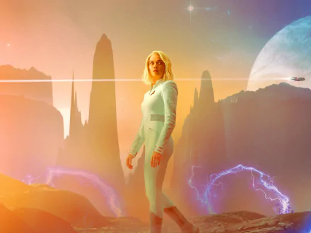 Christine Chapel, played by Jess Bush, stands in a futuristic landscape from the TV show Star Trek: Strange New Worlds, featured in a vivid HD desktop wallpaper.