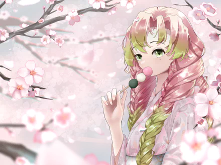 HD anime wallpaper of Mitsuri Kanroji from Demon Slayer: Kimetsu no Yaiba, surrounded by blooming cherry blossoms with soft pink hues and delicate details.