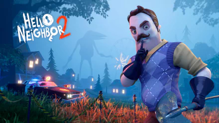 4K Ultra HD PC desktop wallpaper from Hello Neighbor 2: mustached neighbor shushing in a foggy suburban night, police lights and towering shadowy creatures looming behind.
