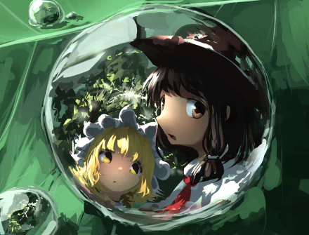 HD PC desktop wallpaper: Touhou anime depiction of Renko Usami and Maribel Hearn, their faces reflected in a glossy green bubble against a lush, painterly background.